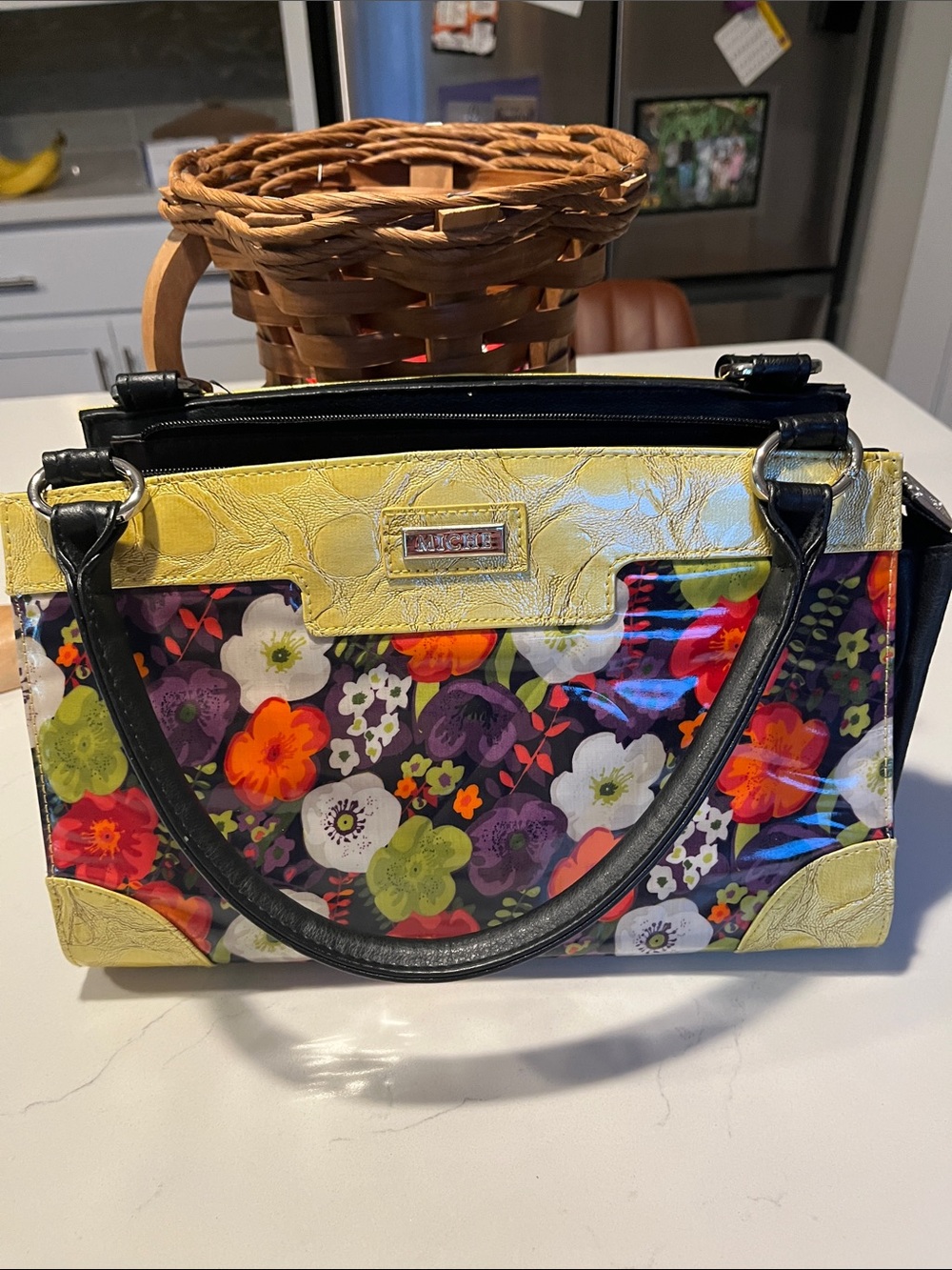Miche Floral Patent Shoulder Bag in Yellow and Black